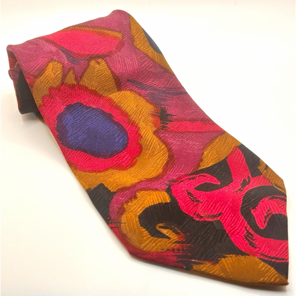 Vintage Abstract Swirl Silk Tie Italian Handmade Pink Mustard Gold Purple